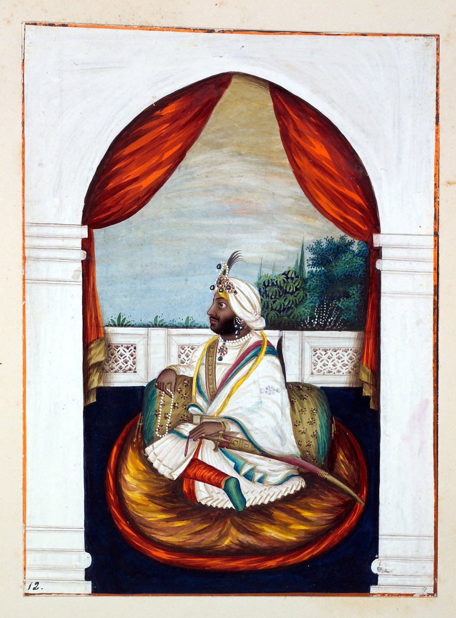 Rajah Sher Singh, aus Das Königreich Punjab, seine Herrscher und Häuptlinge, Band I, ein Band mit 27 Aquarellstudien eines unbekannten indischen Künstlers, ca. 1840 von Indian School