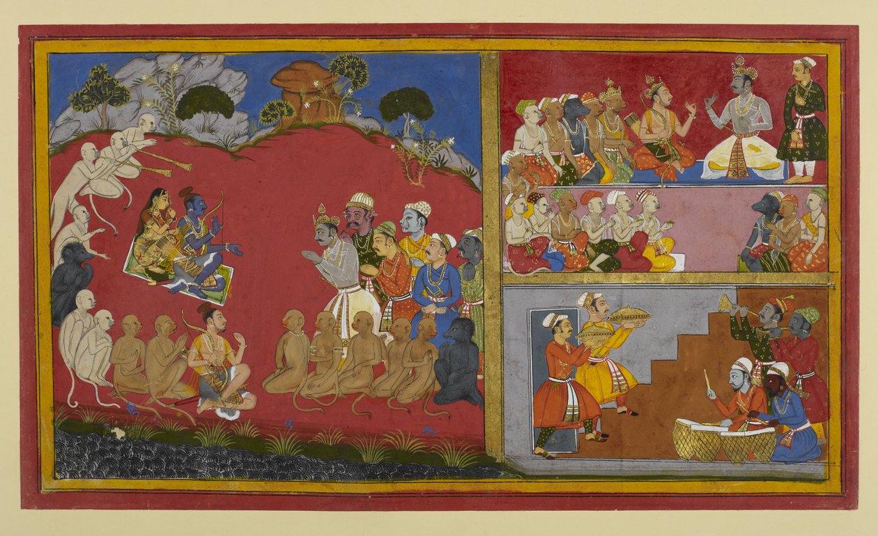 Rāma akzeptiert Huldigung, wartet aber auf die Rückkehr nach Ayodhyā; Vibhīṣaṇa veranstaltet einen Durbar für Affen- und Bärenführer von Indian School