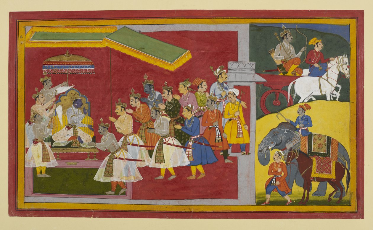 Rama verabschiedet sich von seinen Verbündeten, als seine goldene Herrschaft, Ram-rajya, beginnt von Indian School