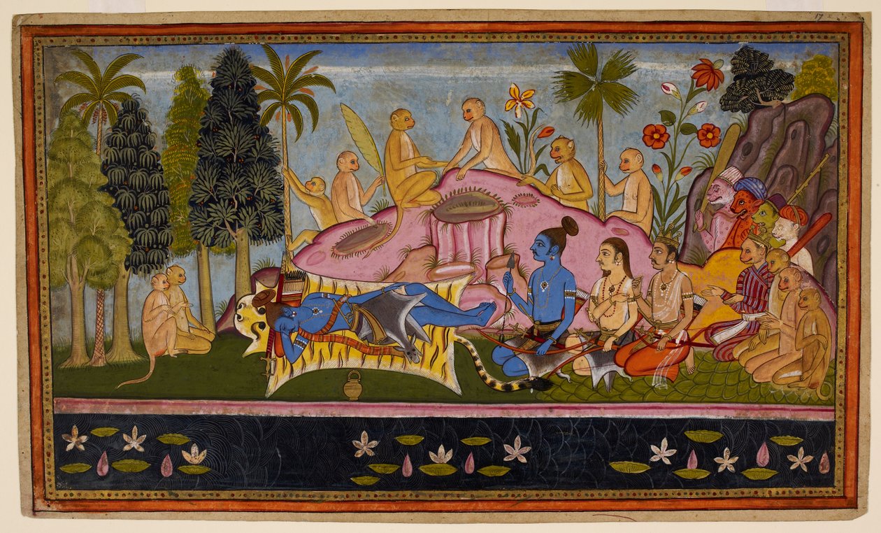 Rāma, in seinem Tigerfell, verbringt drei Tage damit, den Ozean anzuflehen, aber er bleibt unempfänglich. um 1653 (Miniatur) von Indian School