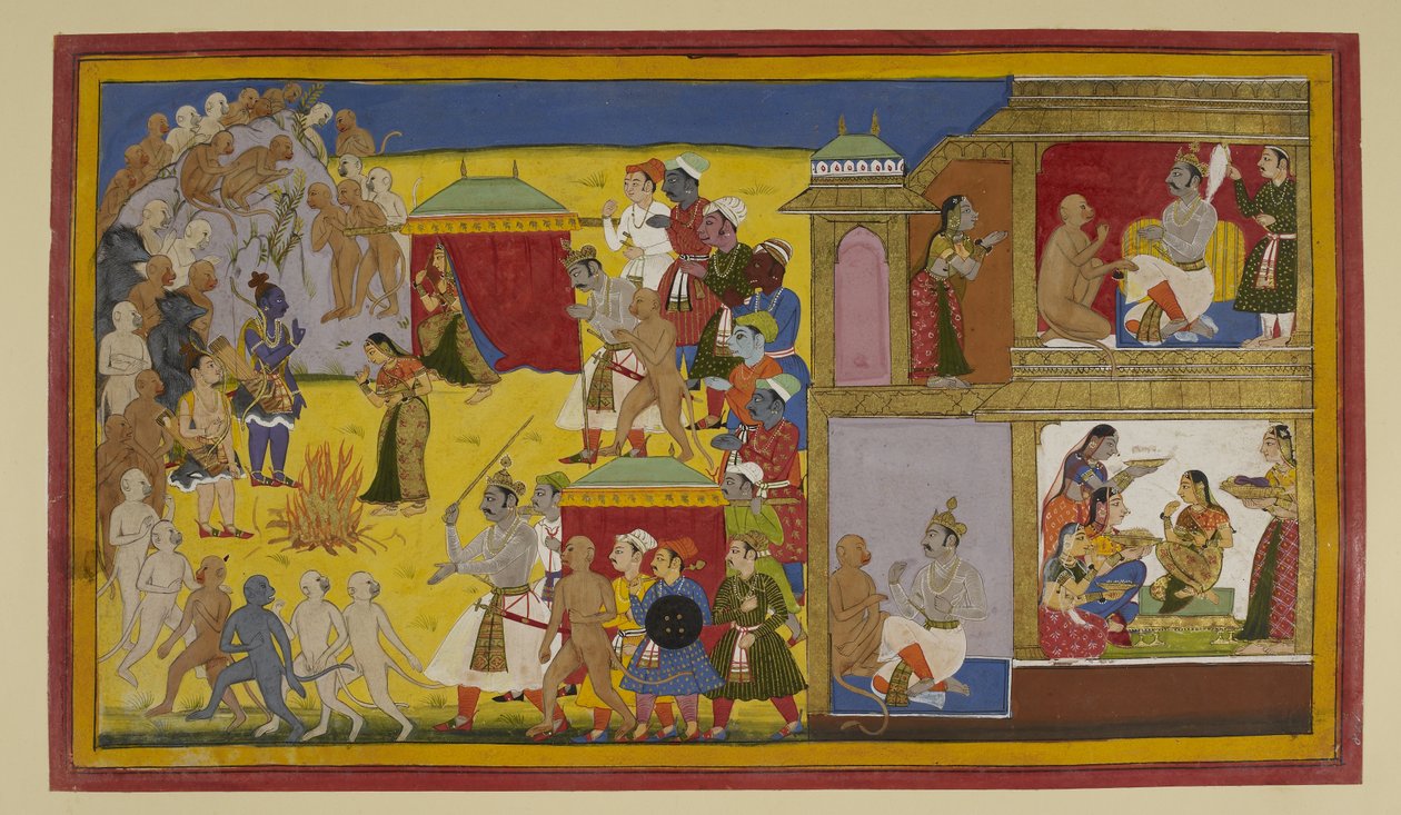 Rama weist Sita zurück; sie bittet, ihre Keuschheit durch Feuer zu beweisen von Indian School