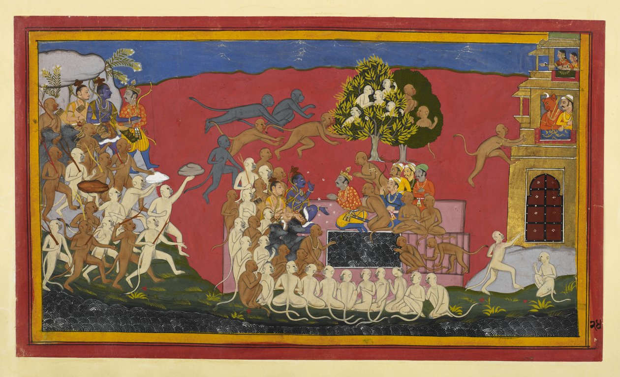 Rama schickt Angada, um Ravana herauszufordern, während Affen sich Lanka nähern von Indian School