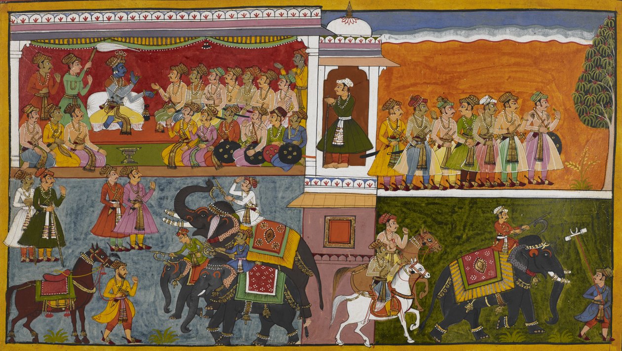 Rama schickt Höflinge, um Gerüchte über Sita zu untersuchen, die auf Pferden und Elefanten abreisen von Indian School