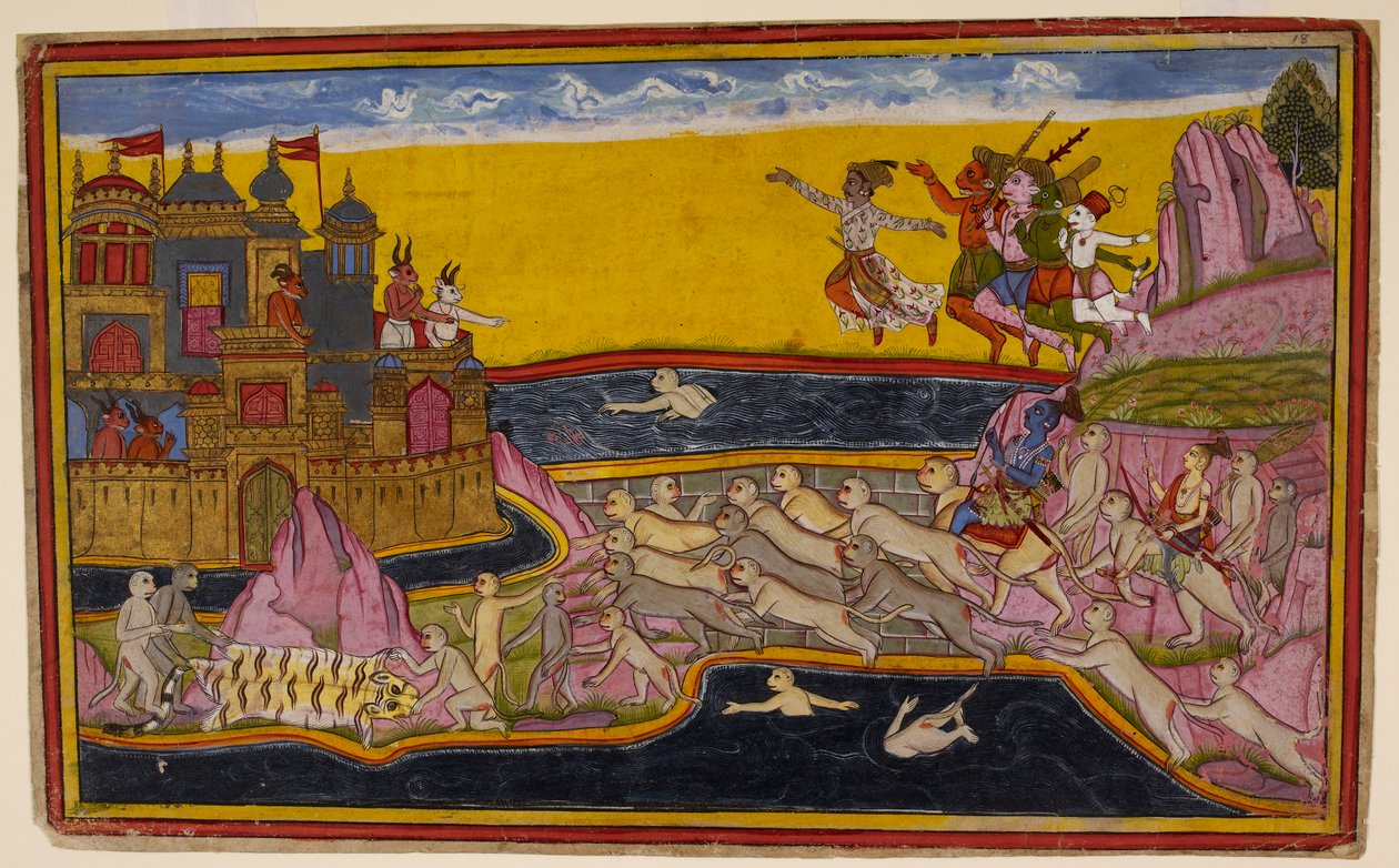 Rāma baut mit Hilfe des Affeningenieurs Nala eine Brücke über das Meer nach Laṅkā, die es den Affen und Dämonen ermöglicht, zu überqueren, um 1653 (Miniatur) von Indian School
