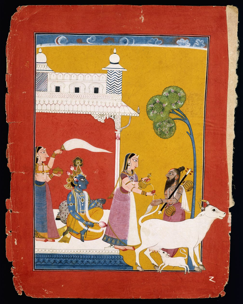 Rukmini bietet dem Weisen Narada Wasser an, während ihr Gemahl Krishna in ihrem Haus sitzt, ca. 1725-1730 von Indian School