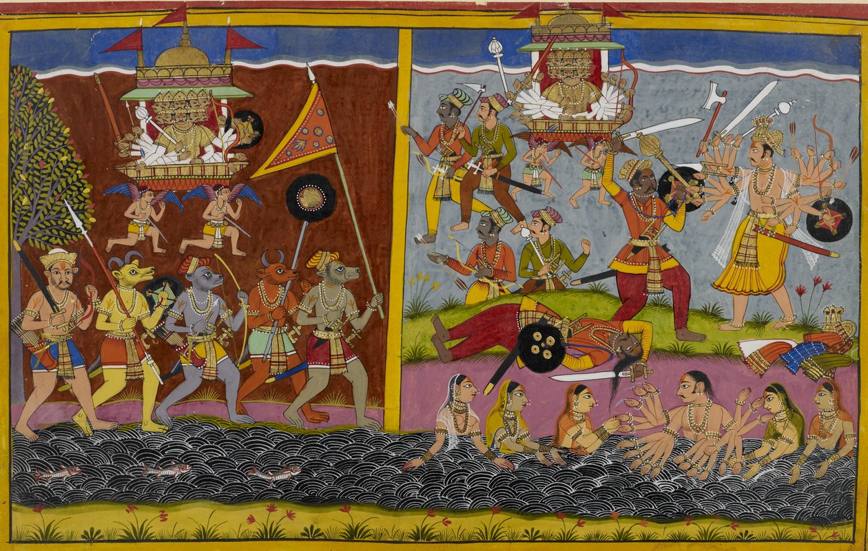 Ravana rückt vor, um gegen Arjuna zu kämpfen, der seinen General Prahasta besiegt von Indian School