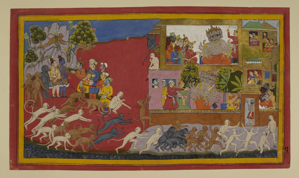 Rāvaṇa täuscht Sītā mit einem falschen Kopf; Affen erkunden Laṅkā von Indian School