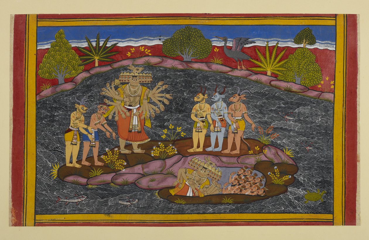Rāvaṇa sucht den Puruṣa, betritt eine Höhle und findet Tausende erhabener Wesen von Indian School