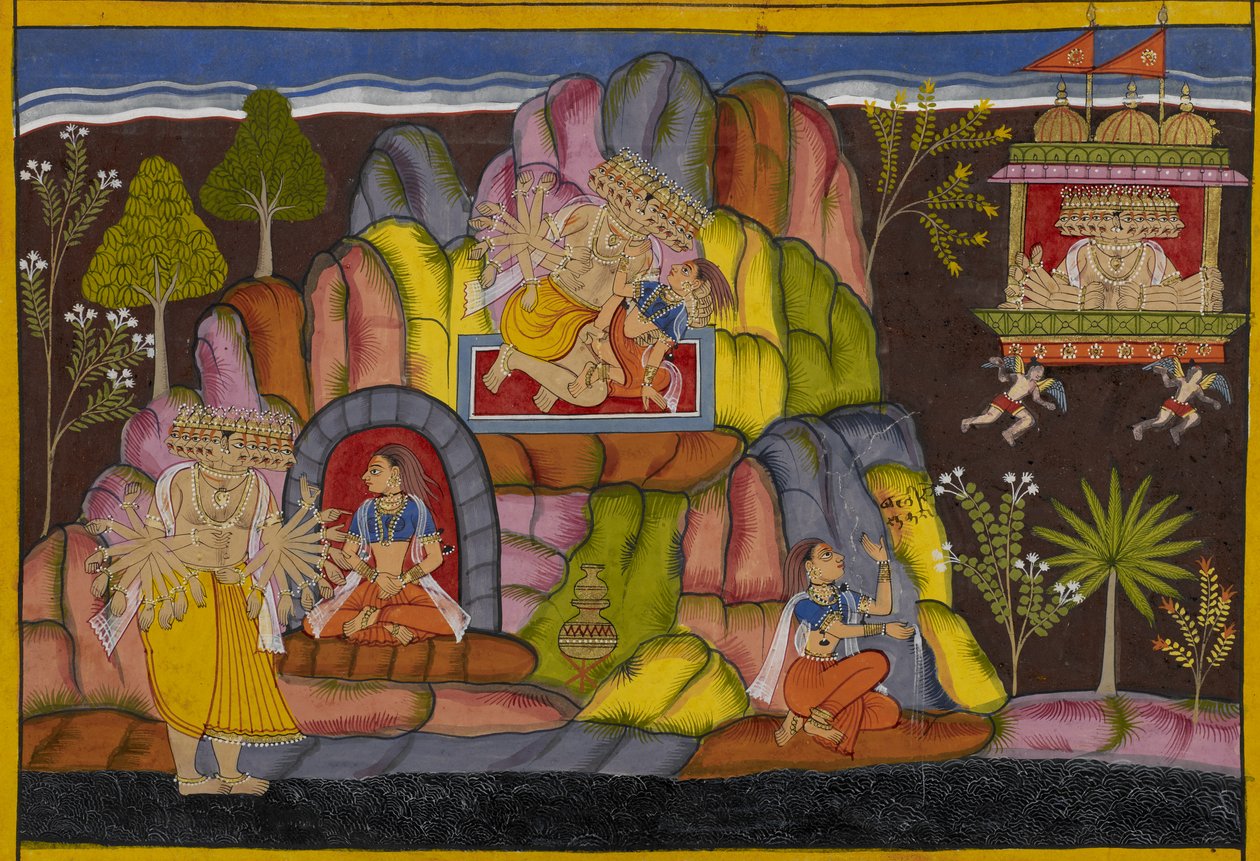 Ravana ergreift Vedavati, die ihn verflucht und schwört, seinen Untergang als Sita zu verursachen von Indian School