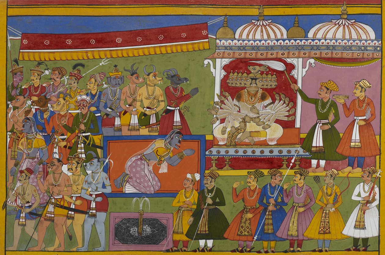 Rāvaṇa sitzt auf seinem Thron, während seine Schwester Śūrpaṇakhā um den Tod ihres Mannes durch seine Hand trauert von Indian School