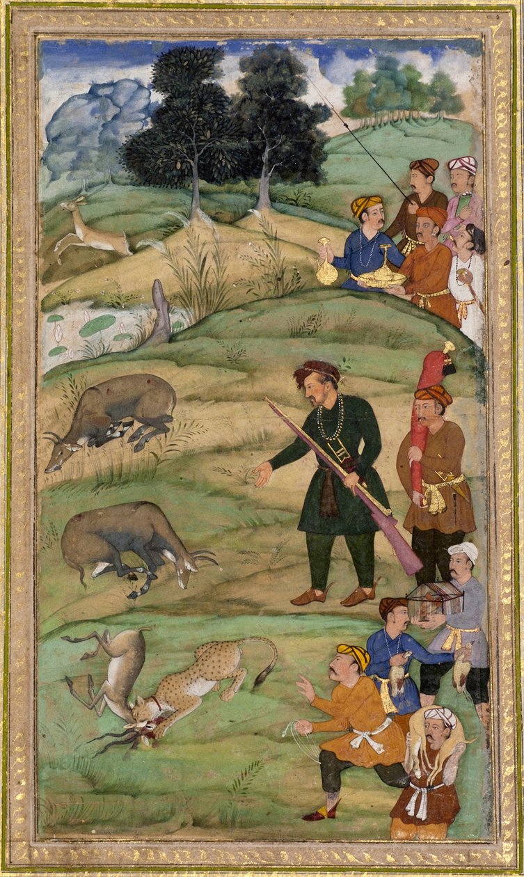 Salim, der sein Gewehr hält, zeigt auf einen toten Nilgai, ca. 1600 von Indian School