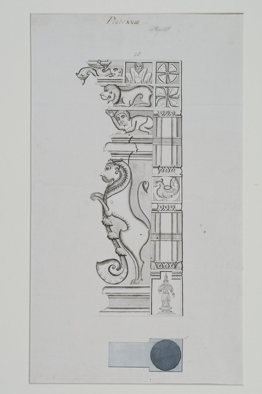 Skulpturierte Säule eines Löwen und anderer Figuren von Indian School
