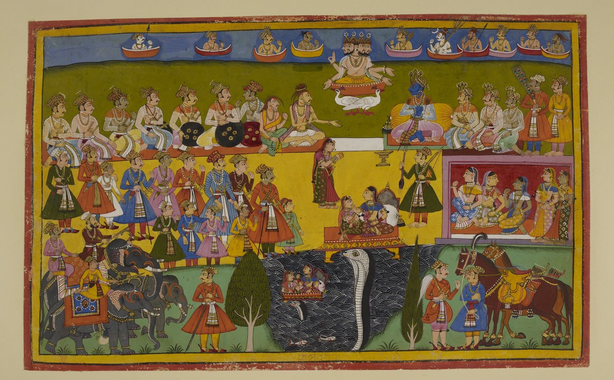 Sita wird bestätigt, als die Erdgöttin sie empfängt und ihre Tugend vor der Versammlung bestätigt von Indian School