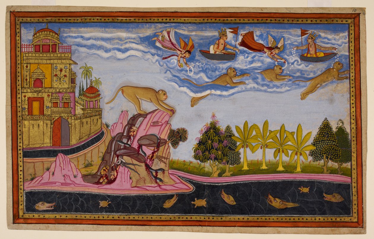 Sita betet für Hanuman, der sie beruhigt und zurückkehrt, durch die Wolken fliegend, mit Blumen überschüttet. 1653 (Miniatur) von Indian School