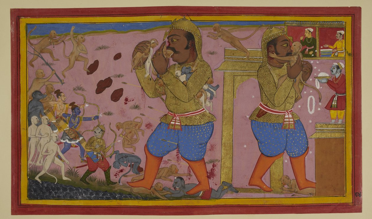 Sugrīva verwundet Kumbhakarṇa; er wehrt sich, während Rāma und Verbündete vorrücken von Indian School