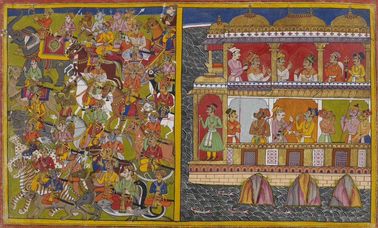 Sukeshas Söhne marschieren von Lanka, um gegen Vishnu und die Götter zu kämpfen von Indian School
