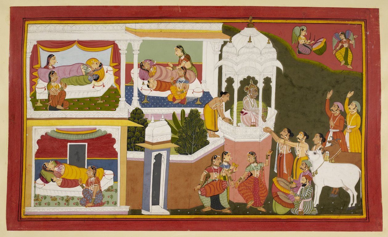 Die Geburt von König Dasarathas vier Söhnen: Rama, Bharata, Lakshmana und Satrughna von Indian School