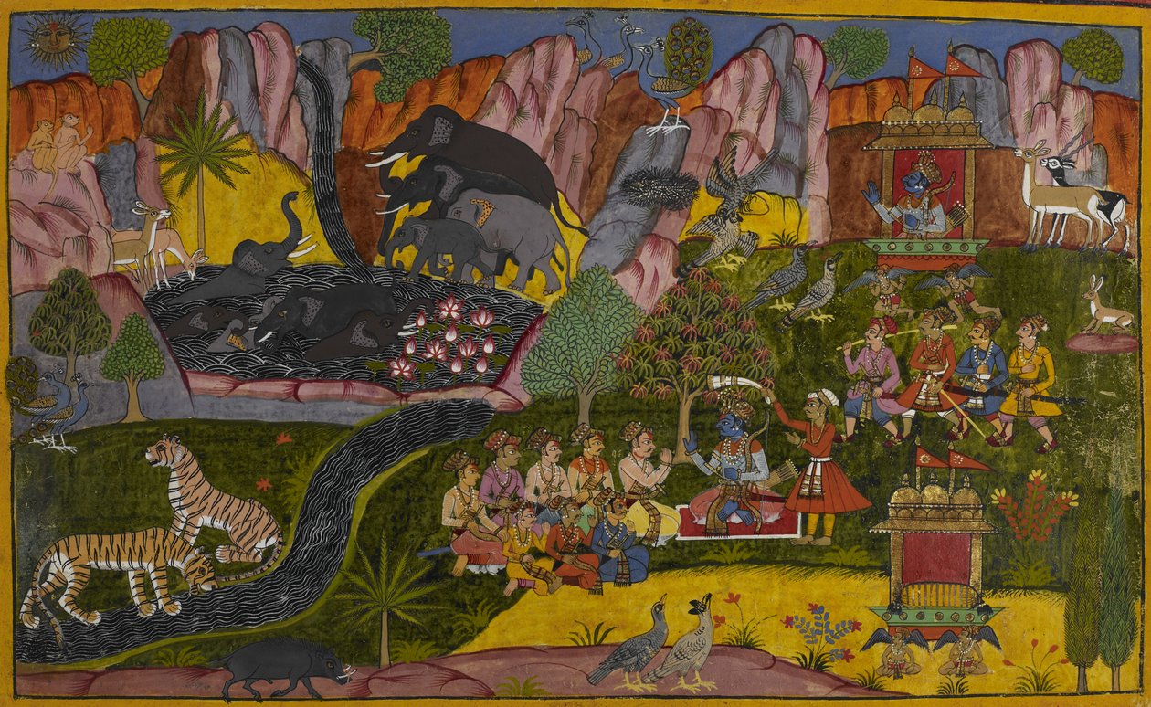 Die Götter loben Rāma und laden ihn ein, die Einsiedelei des Weisen Agastya zu besuchen, während er durch einen Wald reist von Indian School