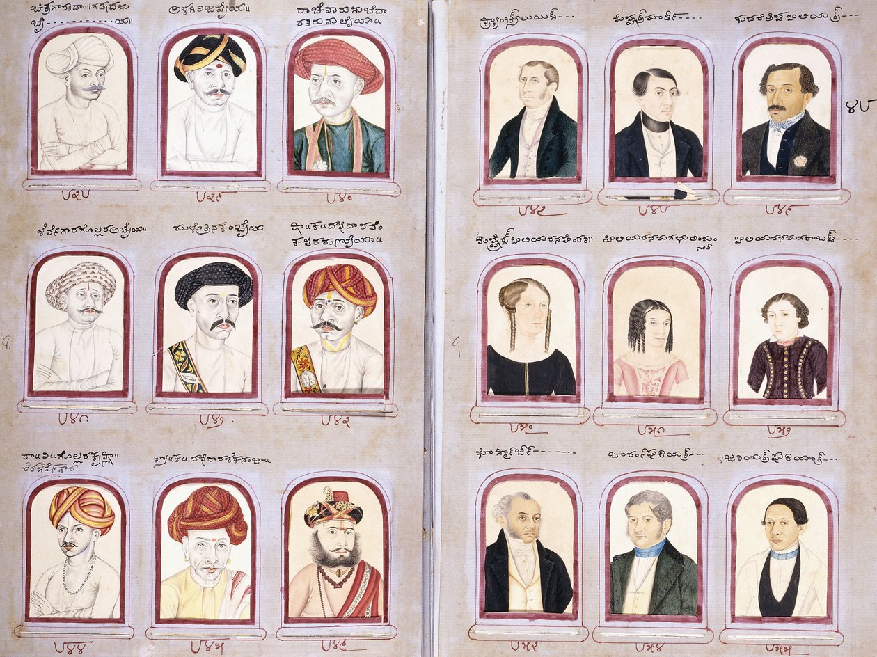 Zwei Blätter aus einem Album mit einheimischen und europäischen Porträts, um 1830-1850 von Indian School