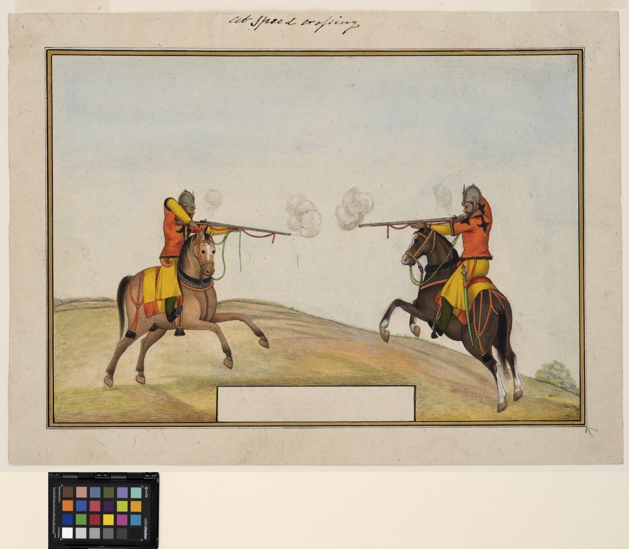 Zwei berittene Soldaten tauschen Gewehrfeuer aus, ca. 1830 von Indian School