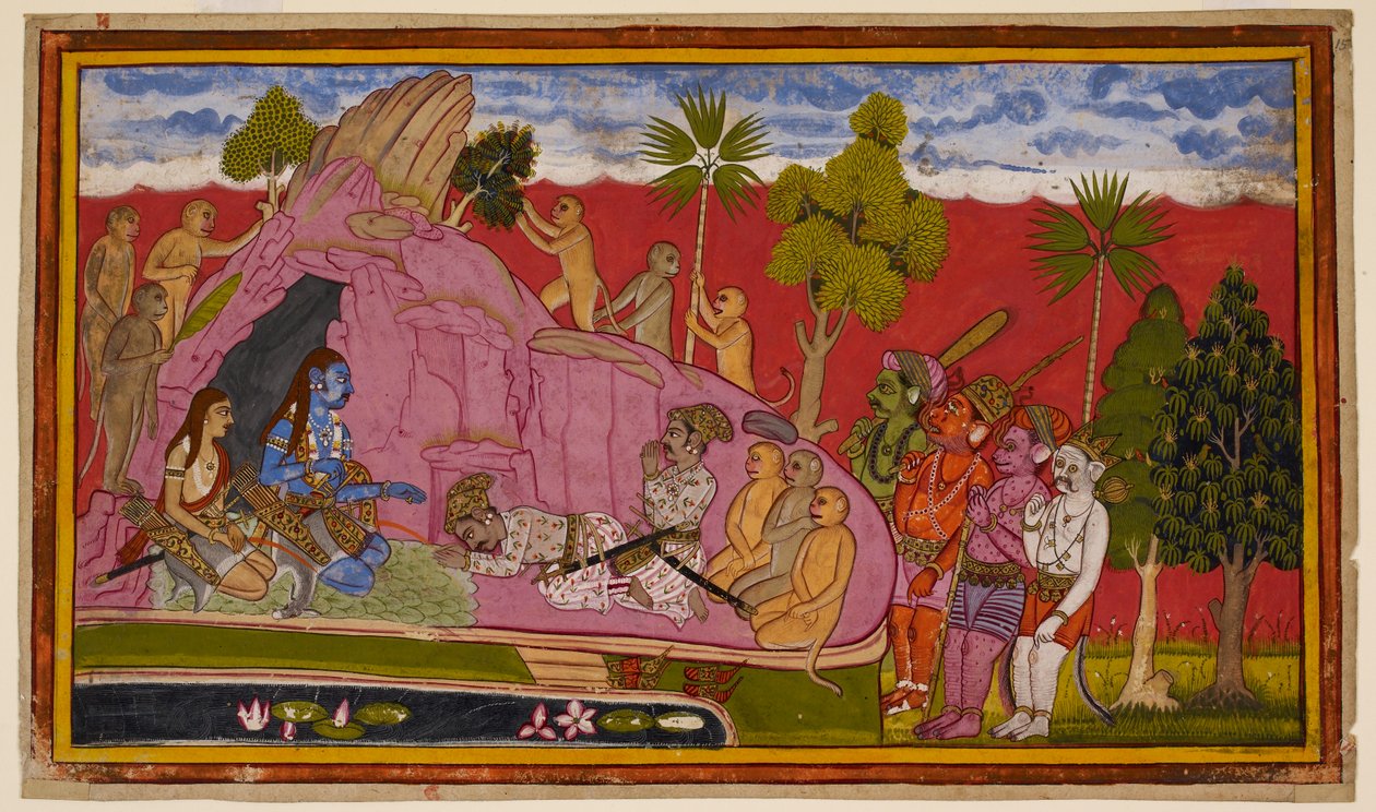 Vibhīṣaṇa verlässt Rāvaṇa und schließt sich mit seinen Anhängern Rāma an, vor dem er sich verbeugt. 1653 (Miniatur) von Indian School