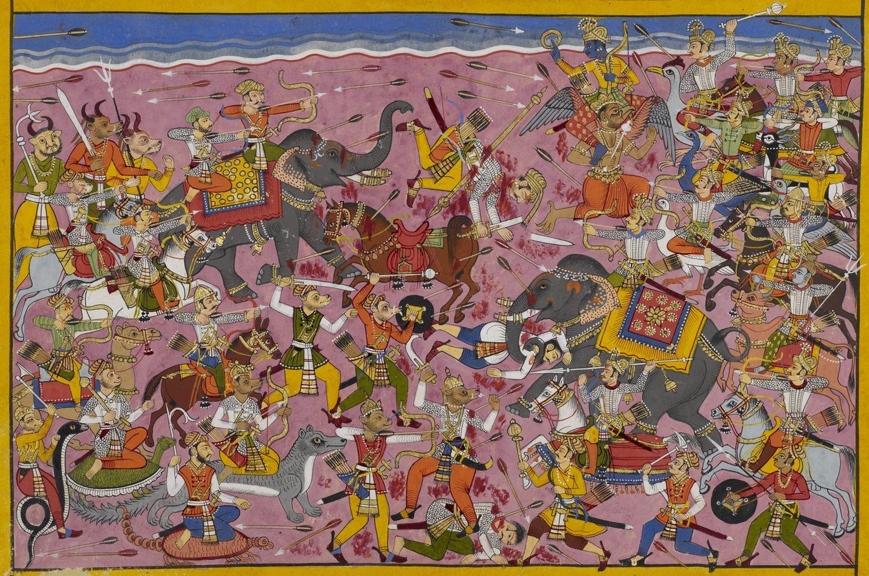 Vishnu kämpft gegen die Dämonen; Mali fällt, durchbohrt von einer Lanze von Indian School