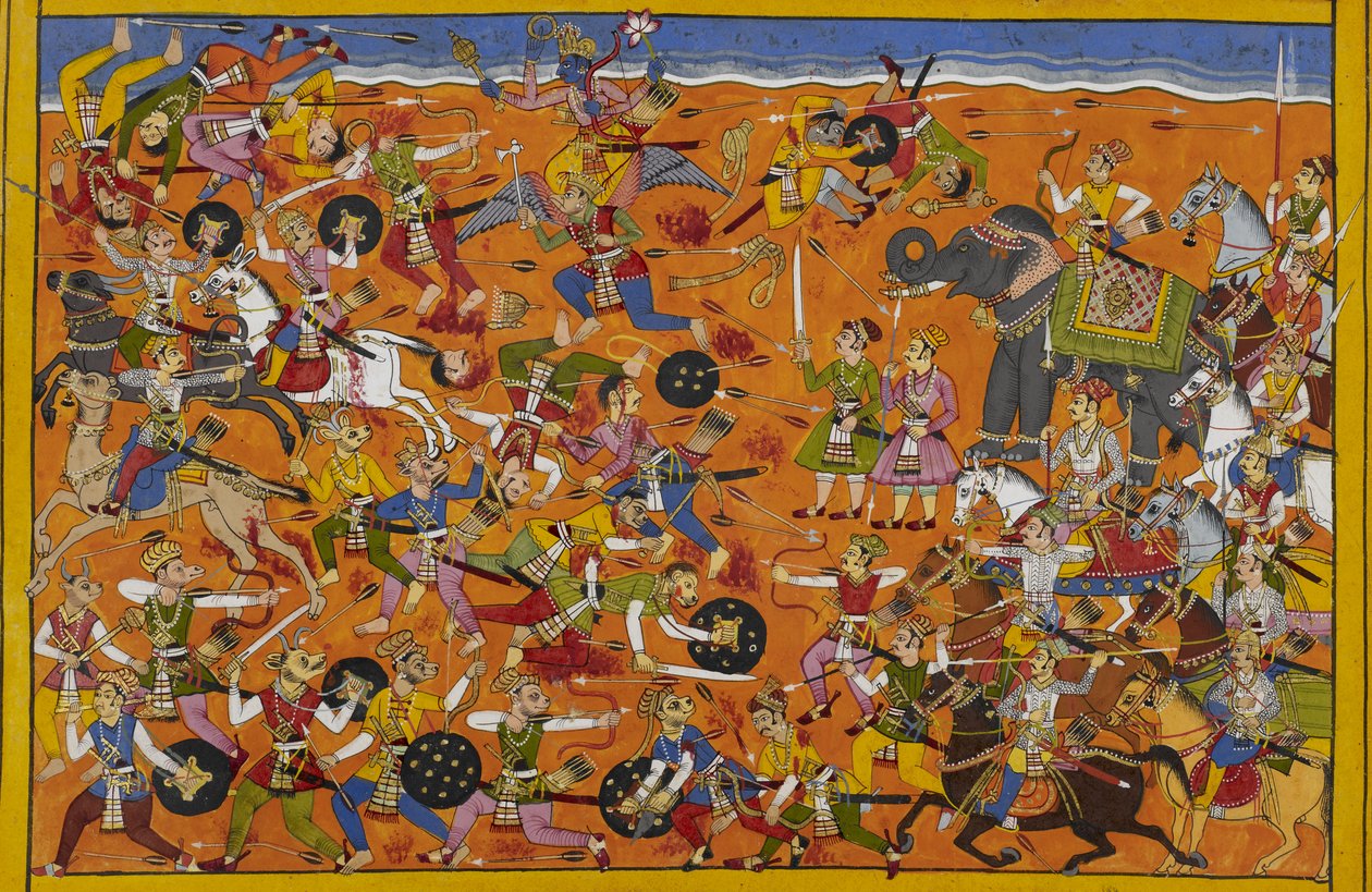 Vishnu führt die Götter, besiegt Malyavan, die Dämonen ziehen sich beschämt zurück von Indian School