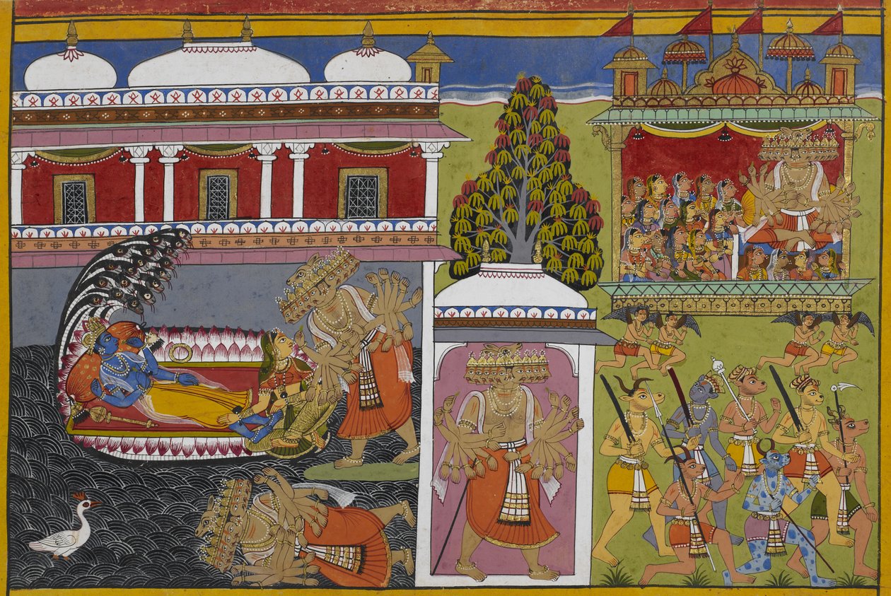 Vishnu ruht mit Lakshmi, als Ravana fällt und dann Frauen in seinem Wagen entführt von Indian School