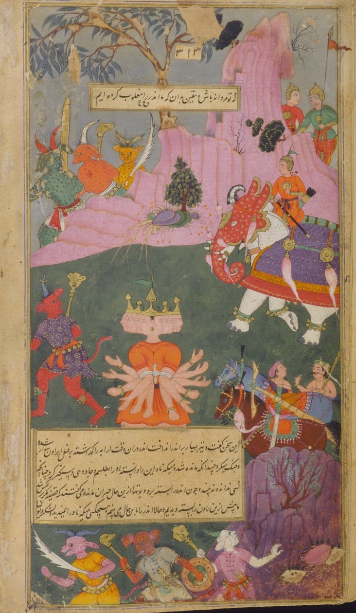 Die Raksasa-Armee flieht beim Anblick von Ravana, der von Indra gefangen genommen wurde von Indian School