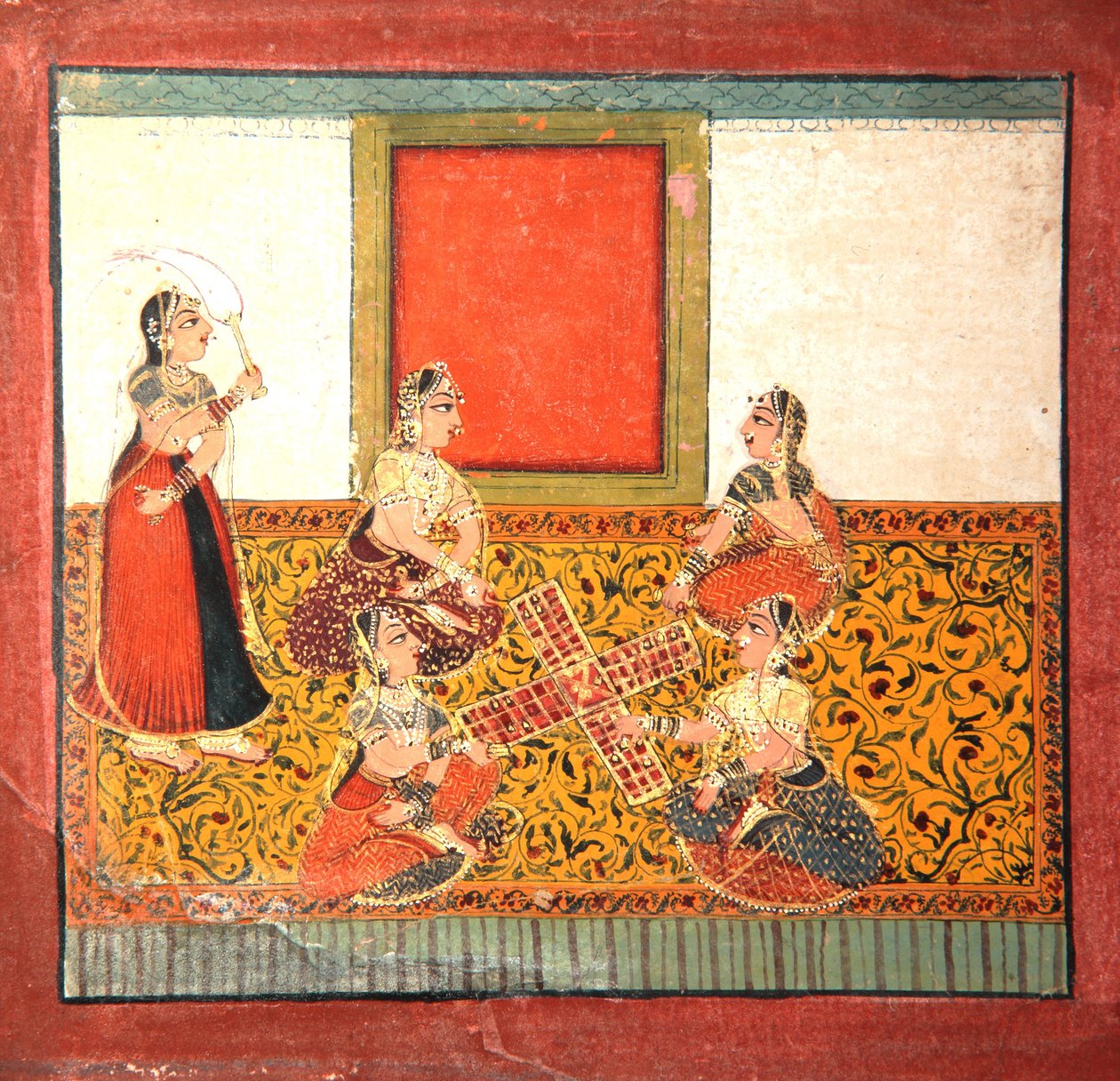 Frauen spielen Parcheesi, sitzen auf einem gelb gemusterten Bodenbelag, ca. 1725 von Indian School