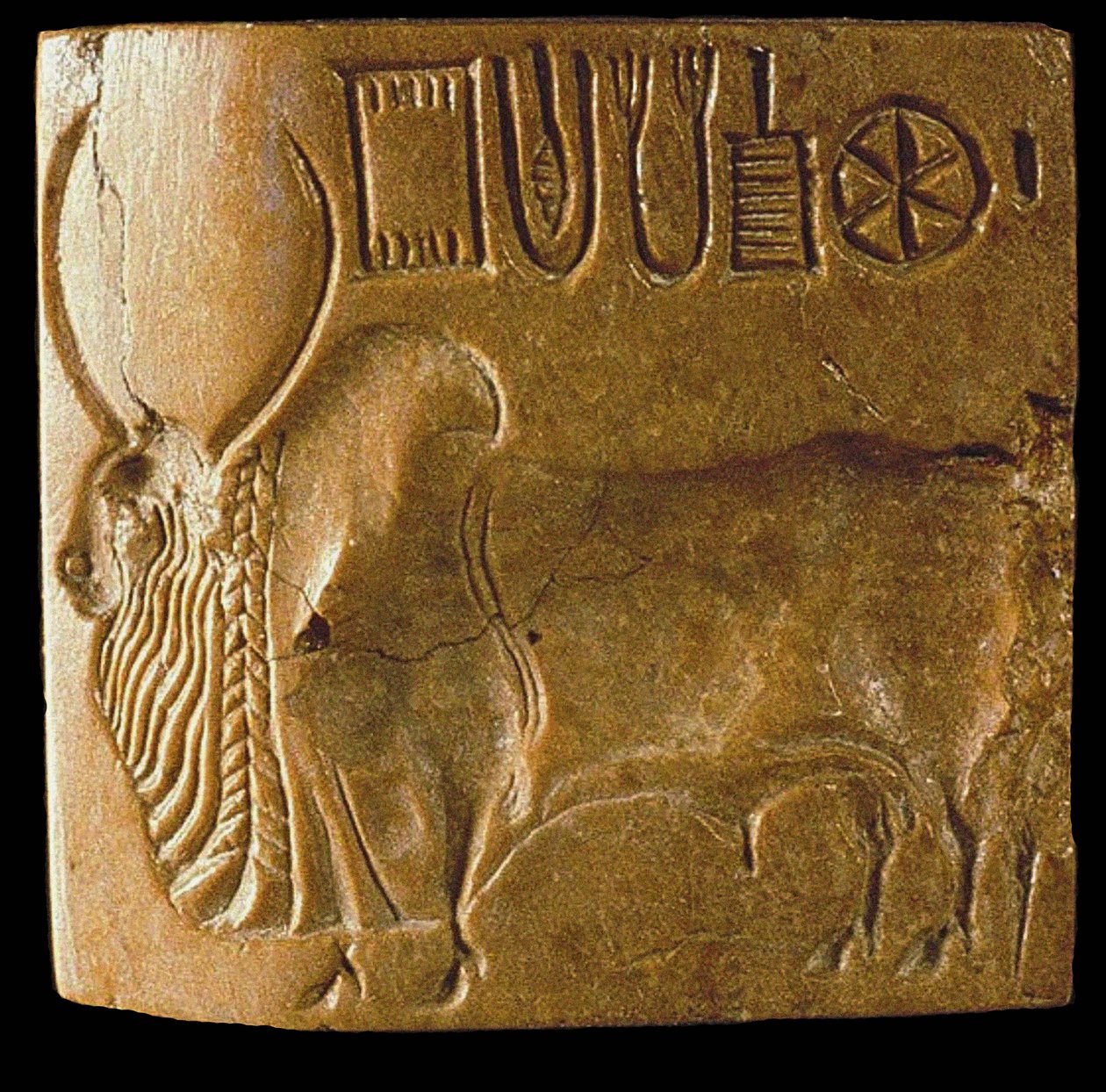 Zebu-Bullen-Siegel mit Indus-Schrift, gefunden in Mohenjo Daro, Industal von Indus Valley Civilisation.