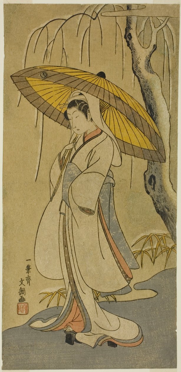 Der Schauspieler Segawa Kikunojo II als Reiherjungfrau im Stück "Baumwollwatte von Izu, die die ehelichen Chrysanthemen schützt (Myoto-giku Izu no Kisewata)", aufgeführt im Ichimura-Theater ab dem ersten Tag des elften Monats, 1770 von Ippitsusai Bunchō