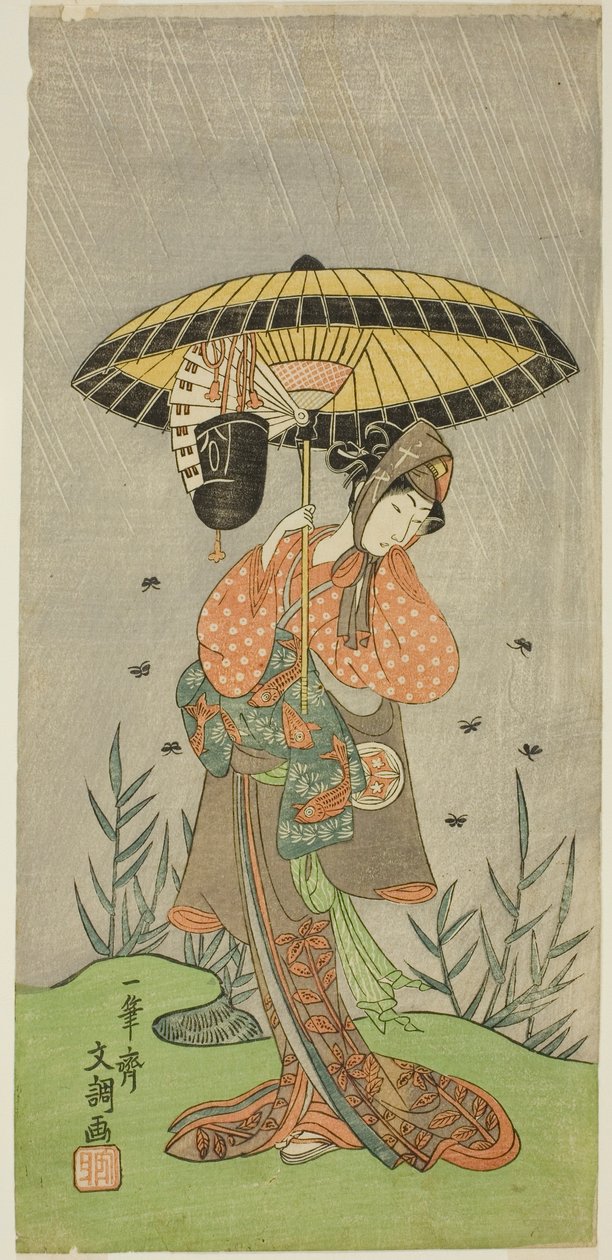 Der Schauspieler Yamashita Kinsaku II als Nijo no Kisaki im Stück Natsu Matsuri Naniwa Kagami, aufgeführt im Morita Theater im siebten Monat, 1770 von Ippitsusai Bunchō