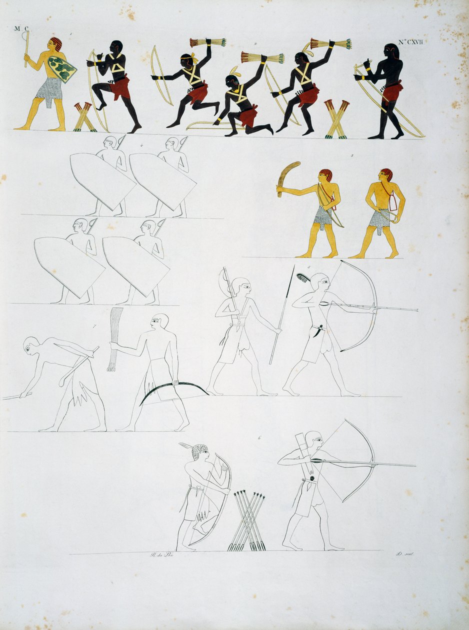 Militärszenen, Soldaten mit Bögen und Pfeilen, aus den Gräbern von Beni Hasan, Tafel CXVIII, aus Denkmälern von Ägypten und Nubien: zivile Denkmäler von Ippolito Rosellini