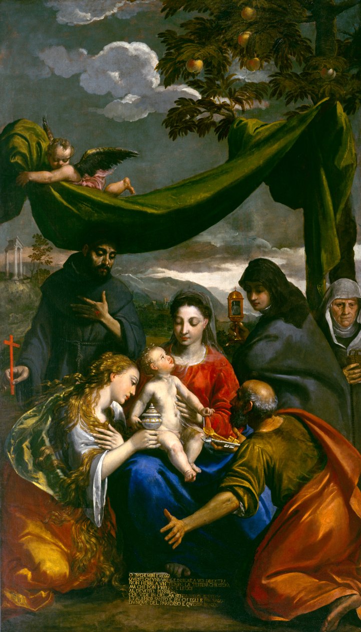 Jungfrau und Kind mit den Heiligen Maria Magdalena, Peter, Klara, Franziskus und einer Äbtissin, ca. 1600 von Ippolito Scarsella
