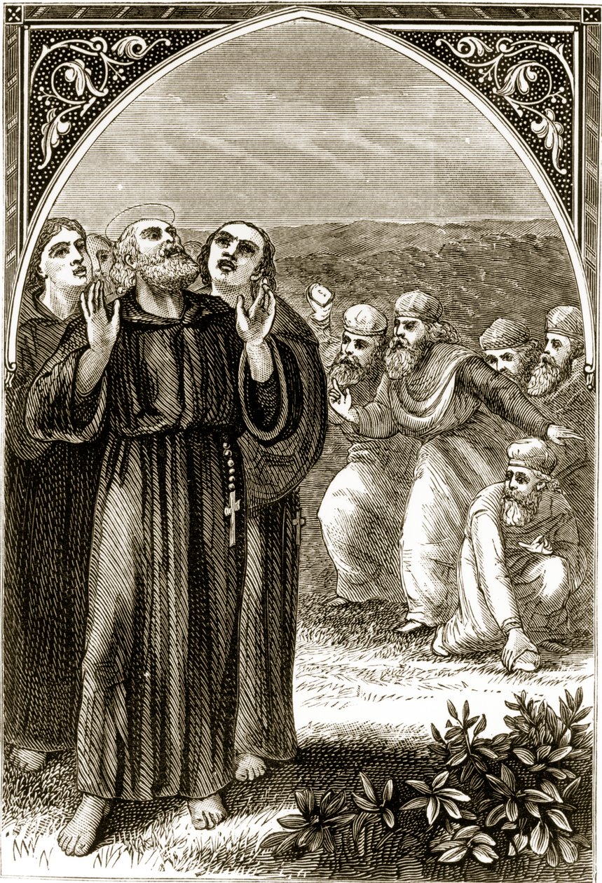 St. Columba singt und wird von den Druiden angegriffen, aus The Trias Thaumaturga, oder Drei Wunderwirkende Heilige von Irland, von Mary Cusack (1829-99) veröffentlicht um 1890 von Irish School