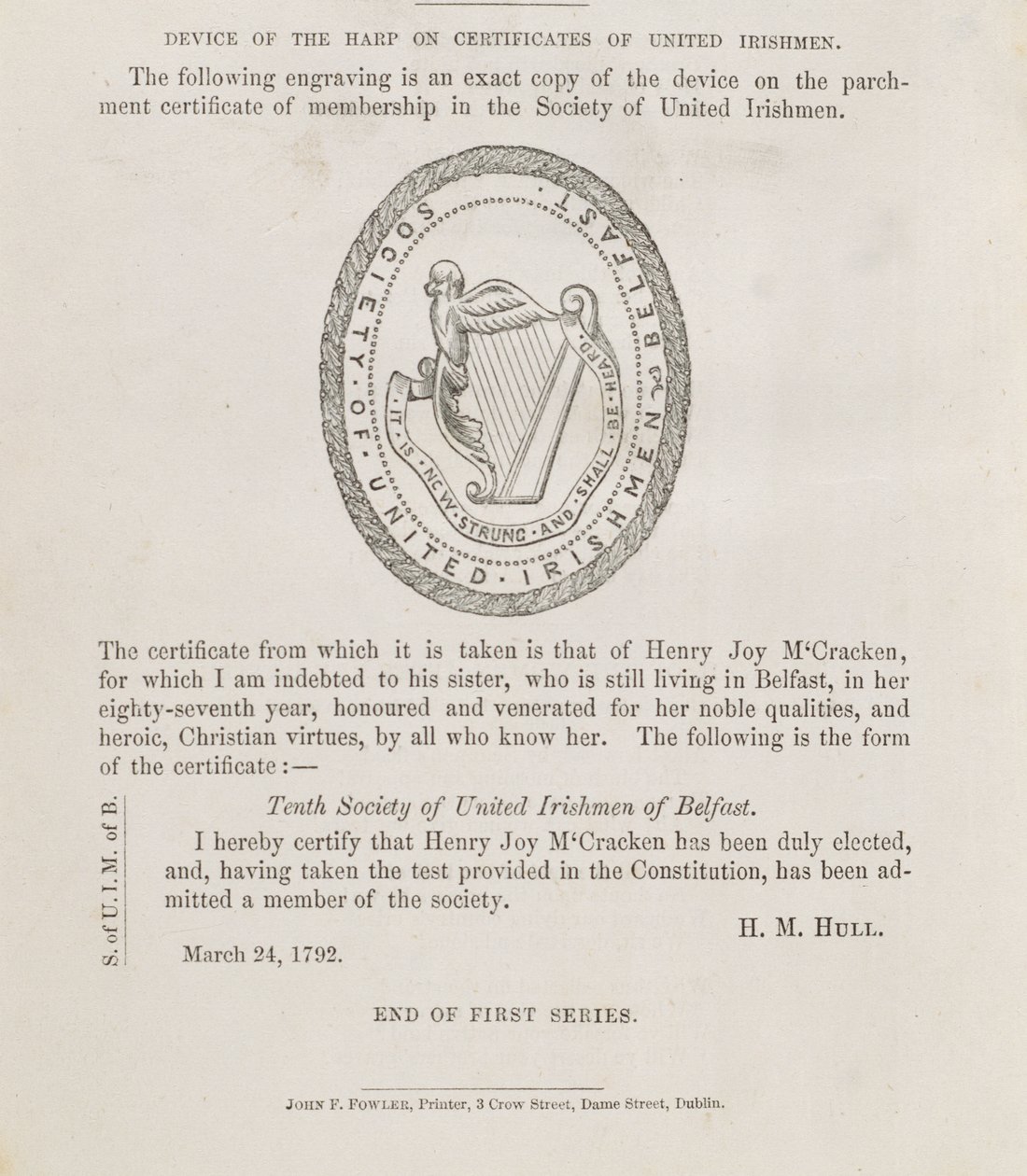 Das Siegel der Gesellschaft der Vereinigten Iren von Belfast, ca. 1792 von Irish School