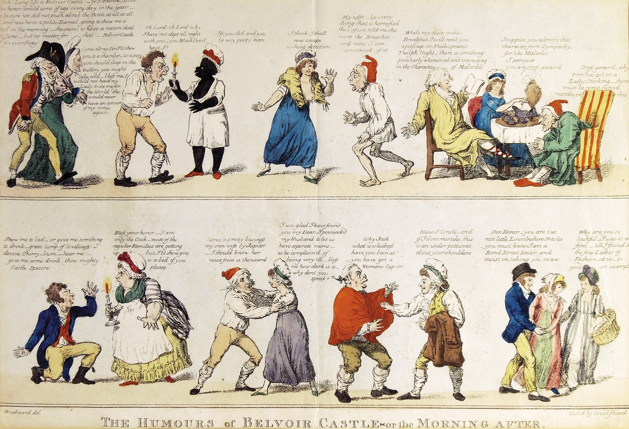 Karikatur, die die ausschweifende Volljährigkeitsfeier des 5. Herzogs von Rutland darstellt, 1799 von Isaac Cruikshank