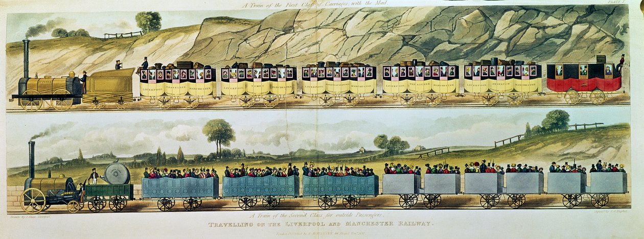 Reisen auf der Liverpool und Manchester Railway: Ein Zug der ersten Klasse mit der Post und ein Zug der zweiten Klasse für Außenpassagiere, graviert von S.G. Hughes, veröffentlicht von R. A von Isaac Shaw