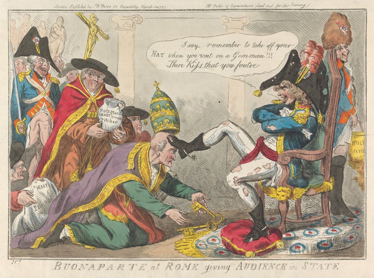 Buonaparte in Rom gibt Audienz im Staatsgewand von Isaac Cruikshank