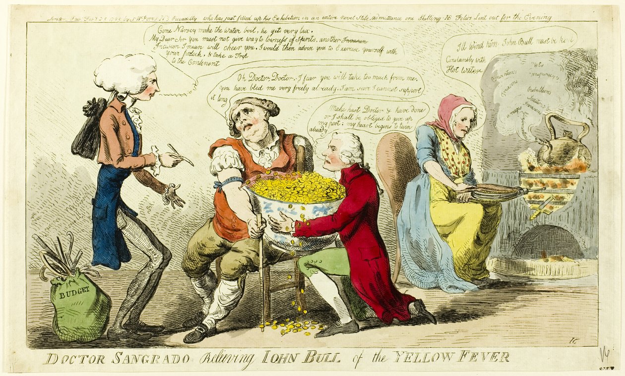 Dr. Sangrado befreit John Bull vom Gelbfieber von Isaac Cruikshank