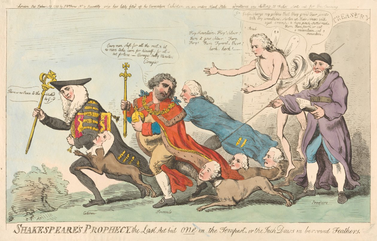 Shakespeares Prophezeiung, der letzte Akt von einem in Der Sturm, oder die Dohle in geliehenen Federn (aus: Karikatur, Bd. 3) von Isaac Cruikshank