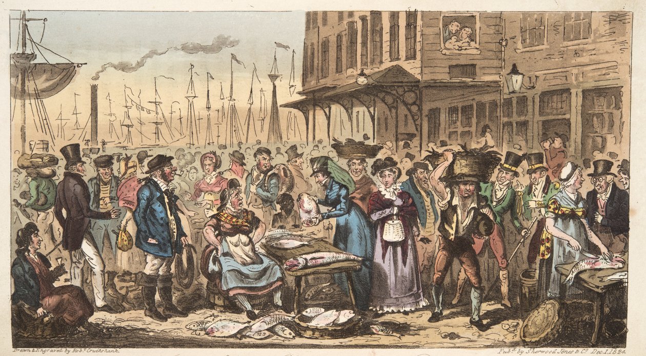 Ein Streich im hohen Leben, oder ein Besuch in Billingsgate, aus The English Spy, veröffentlicht 1824 von Isaac Robert Cruikshank