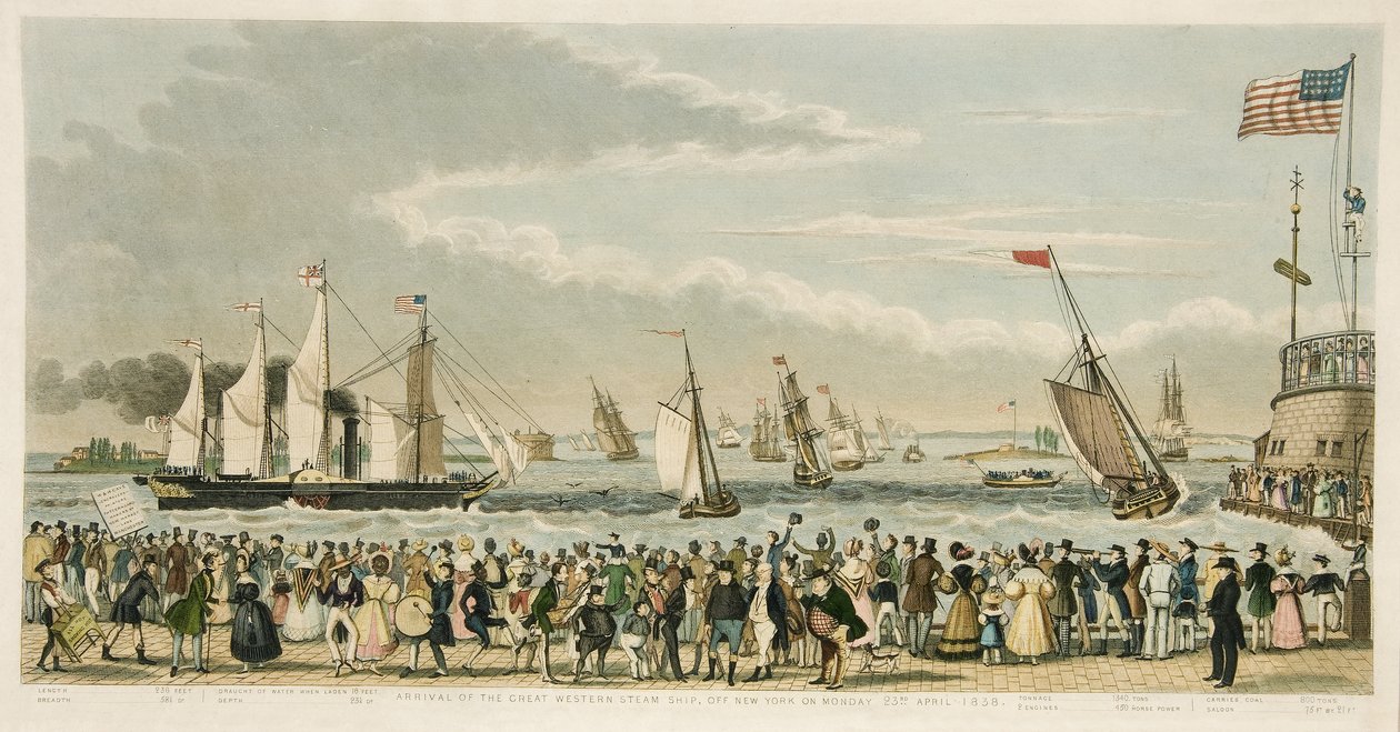 Ankunft des Dampfschiffs Great Western vor New York am Montag, 23. April 1838, veröffentlicht 1842 von Isaac Robert Cruikshank