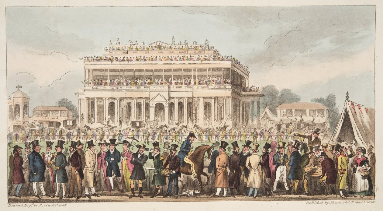 Die Doncaster-Rennbahn während des großen St. Leger-Rennens, 1824, aus The English Spy, veröffentlicht 1824 von Isaac Robert Cruikshank