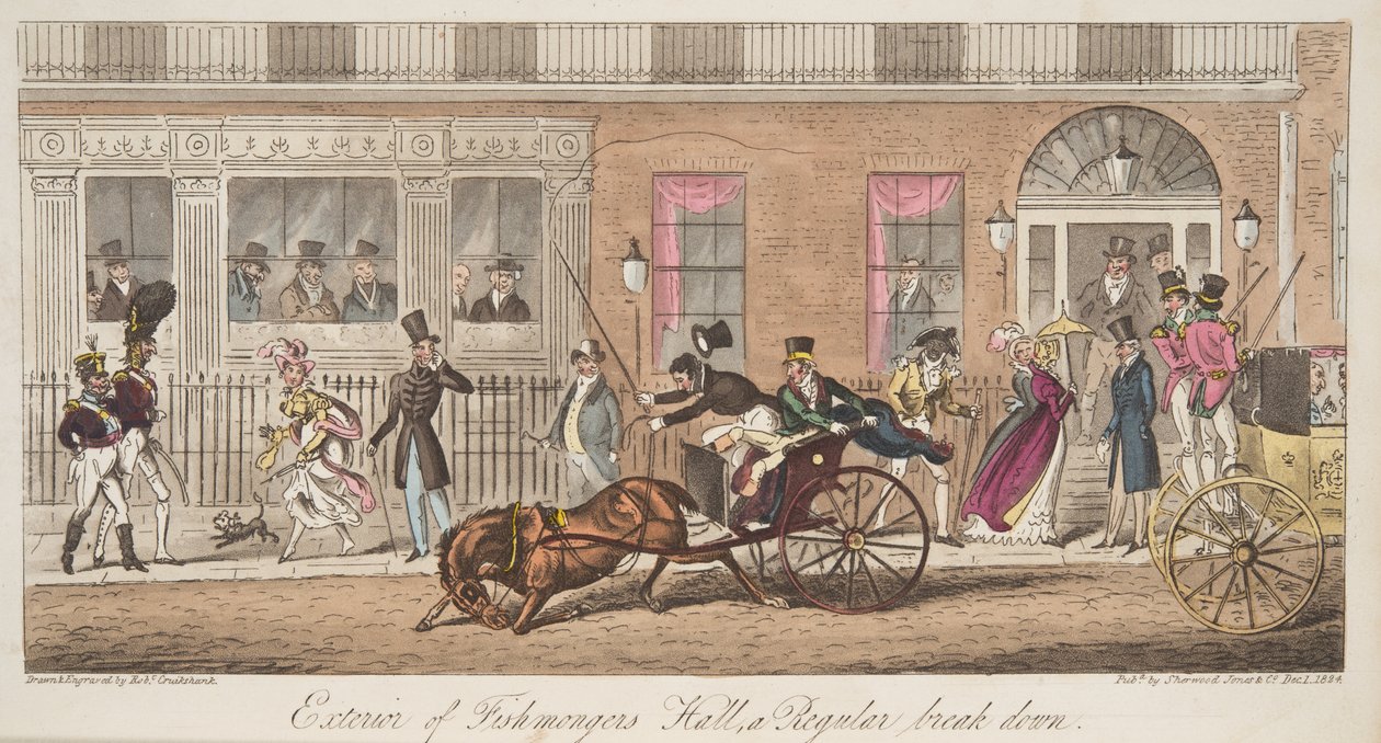Äußeres der Fishmongers Hall, St James Street, mit Blick auf einen regulären Zusammenbruch, aus The English Spy, veröffentlicht 1824 von Isaac Robert Cruikshank