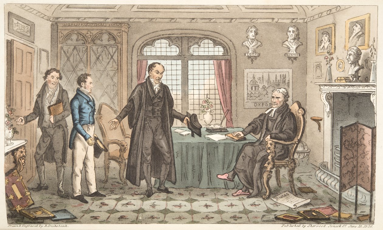 Erster Bogen zu Alma Mater, oder Bernard Blackmantles Einführung in die Big Wig, aus The English Spy, veröffentlicht London, 1824 von Isaac Robert Cruikshank