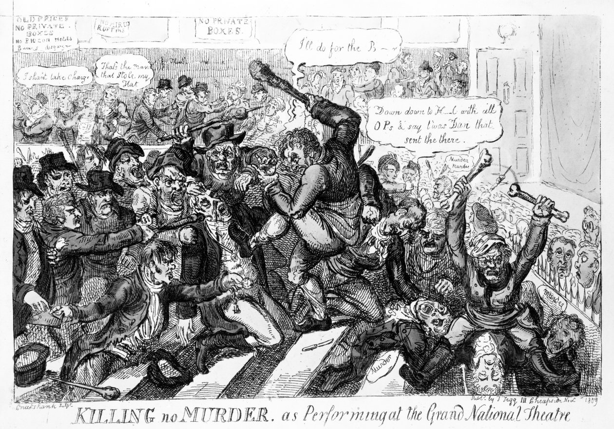 Killing no Murder, aufgeführt im Grand National Theatre, 1809 von Isaac Robert Cruikshank