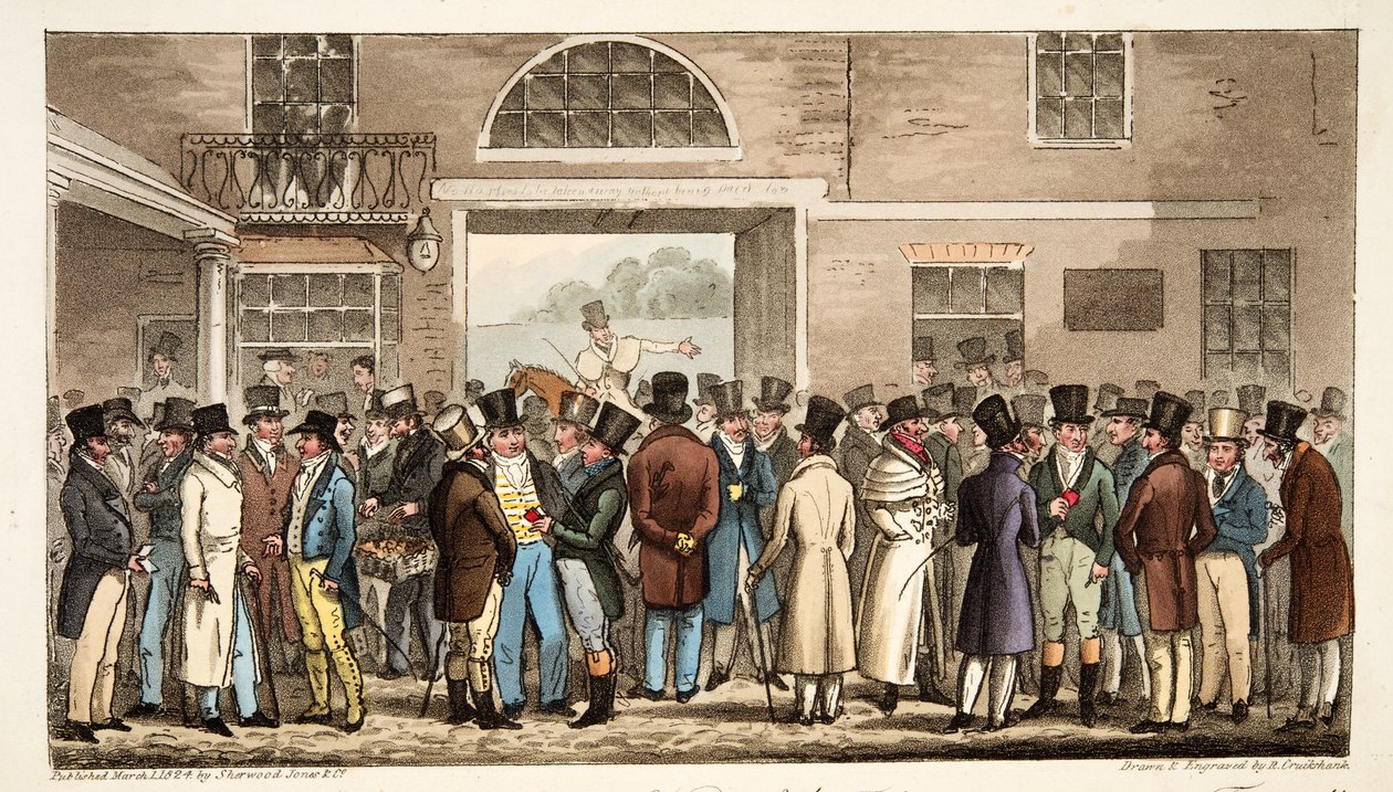 Montag nach dem großen St. Leger, oder Helden des Turfs zahlen und empfangen bei Tattersalls, aus The English Spy, veröffentlicht 1824 von Isaac Robert Cruikshank