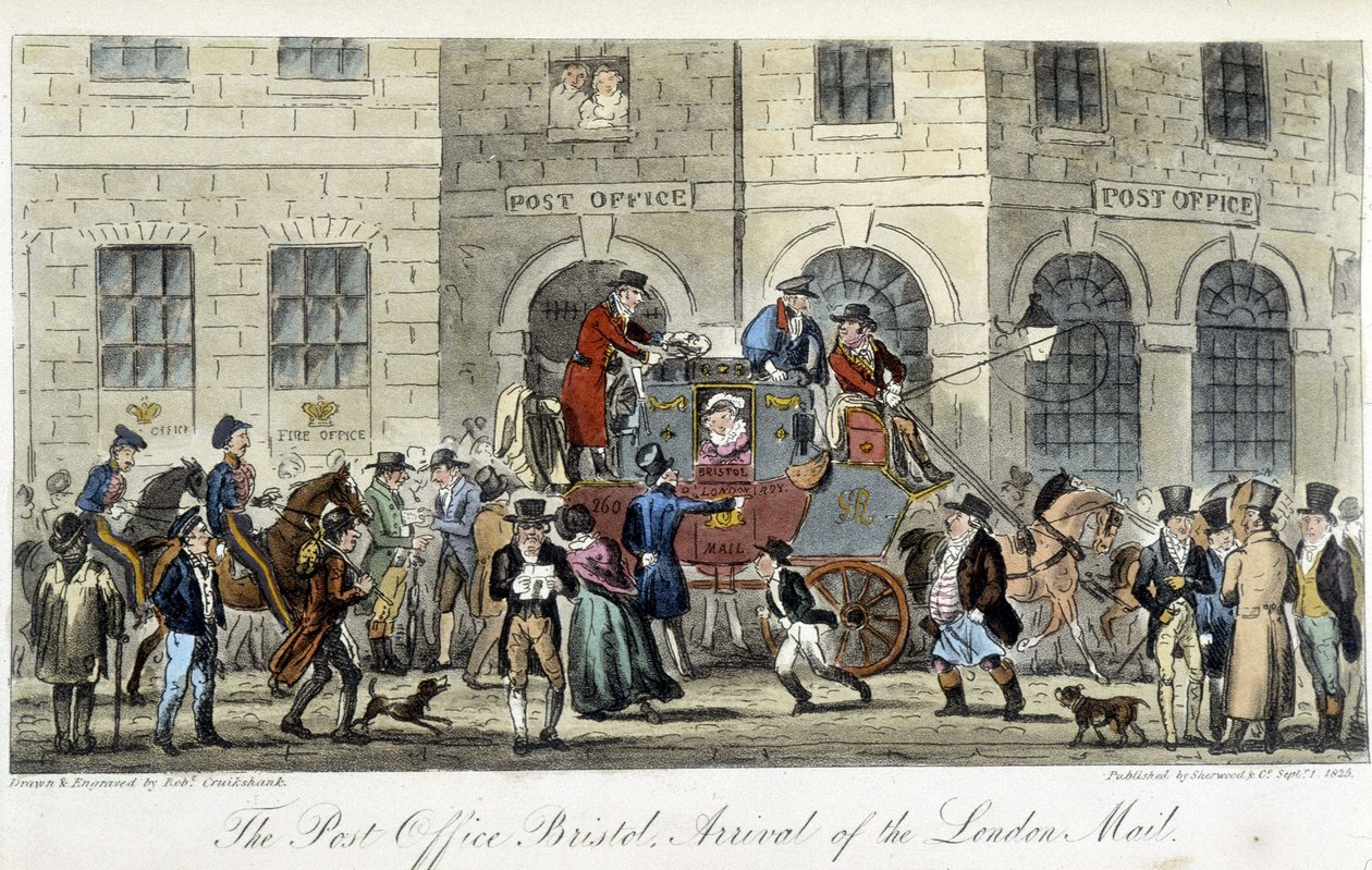 Post in London: Das Postamt Bristol, Ankunft der Londoner Post - in „The English Spy“ von Charles Molloy Westmacott, Zeichnung von Robert Cruikshank, Londoner Ausgabe von Isaac Robert Cruikshank